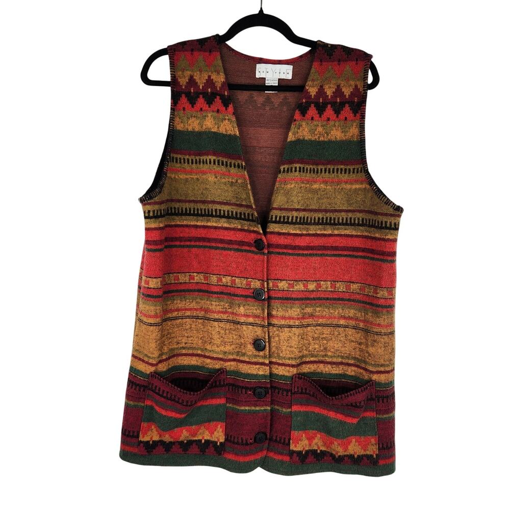 Style New York Long Button Down Vest Women's Medium Western Southwestern 80s